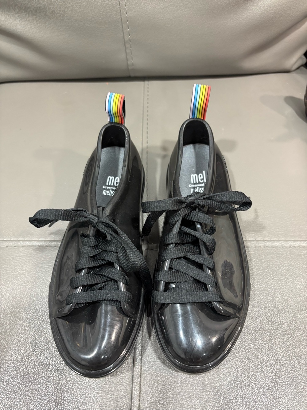 Melissa Girl’s Black Lace-Up Sneakers with Rainbow Heel Tab